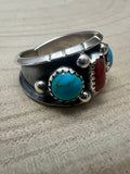 Reed Charley Navajo Handmade Kingman Turquoise and Coral Ring