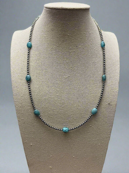 3mm Sterling Silver Pearls & High-Grade Oval Turquoise - 21 inch