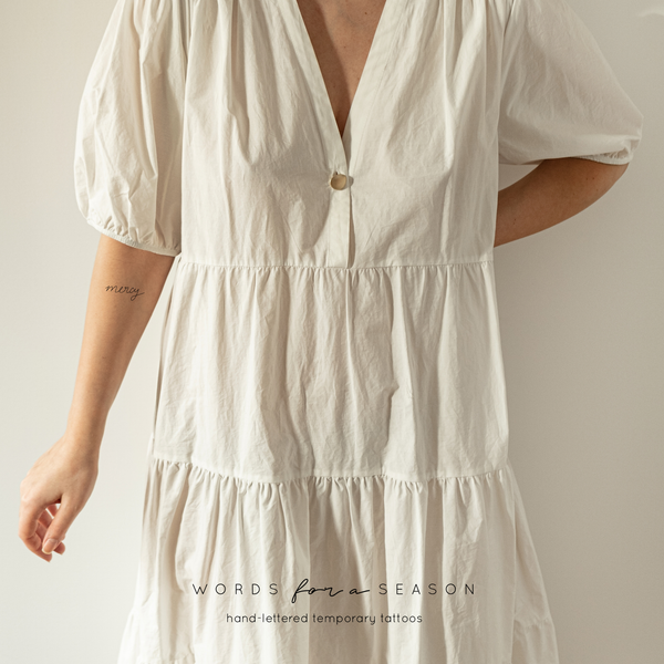 Mercy Calligraphy Temporary Tattoo | Skin and Hat Tattoo