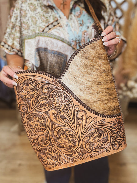 Tooled & Cowhide Satchel