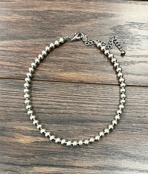 Single Strand 8mm Silver Navajo Bead Necklace