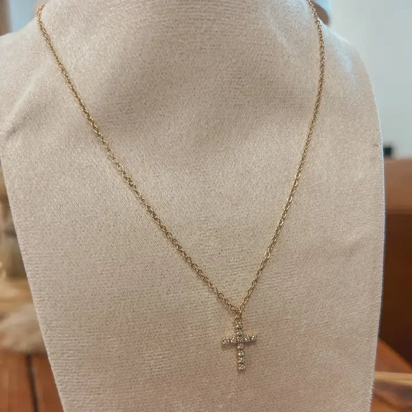 Small Gold Crystal Cross Necklace