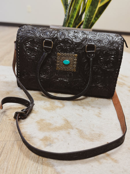 Large Black Concho Tooled Trunk Bag