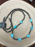 Western Long Faux Turquoise Nugget & Sterling Pearl Statement Necklace — 48 Inch