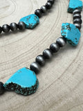 Western Long Faux Turquoise Nugget & Sterling Pearl Statement Necklace — 48 Inch