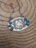 Western Spade Pendant Necklace with Faux Turquoise — 18 Inch Silver-Tone Statement