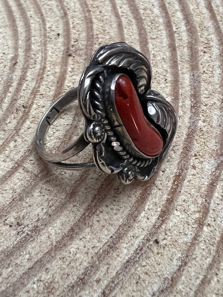 Coral and Sterling Leaf Ring - Stamped LJ - Size 6