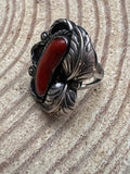 Coral and Sterling Leaf Ring - Stamped LJ - Size 6