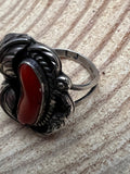Coral and Sterling Leaf Ring - Stamped LJ - Size 6