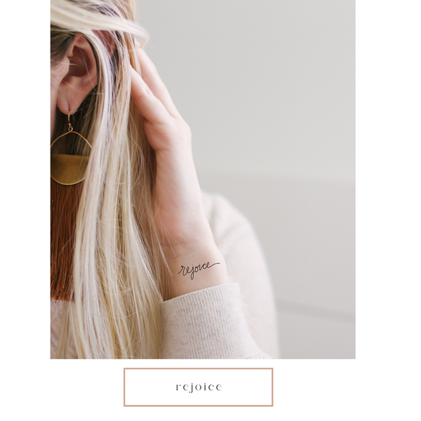 Rejoice Calligraphy Temp Tattoo | Skin and Hat Tattoo