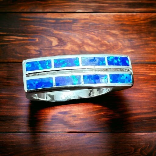 Blue Opalite Inlay Ring on Sterling Silver - Size 10