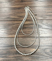 4 & 8mm Triple Strand Handmade Silver Navajo Bead Necklace