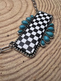 Western Checkered Bar Necklace with Faux Turquoise — 18 Inch