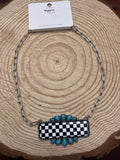 Western Checkered Bar Necklace with Faux Turquoise — 18 Inch