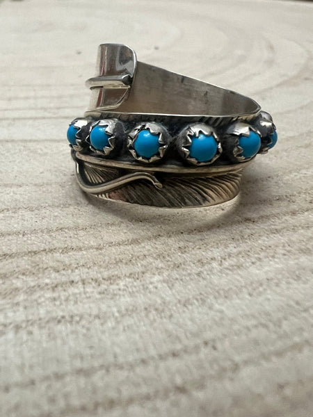 Chester Charley Navajo Handmade Kingman Turquoise Feather Adjustable Ring