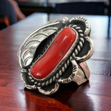 Coral ring - Coral and sterling silver with leaf - Size 6.5