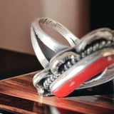 Coral ring - Coral and sterling silver with leaf - Size 6.5