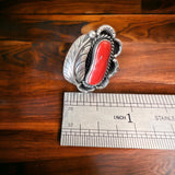 Coral ring - Coral and sterling silver with leaf - Size 6.5