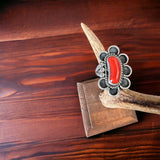 Coral ring on hand stamped sterling silver - Native signed A Chapo - size 7