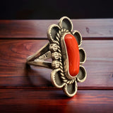 Coral ring on hand stamped sterling silver - Native signed A Chapo - size 7