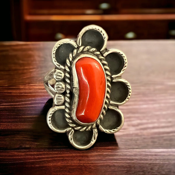 Coral ring on hand stamped sterling silver - Native signed A Chapo - size 7