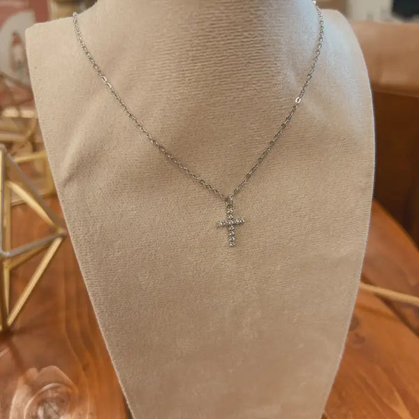 Small Silver Crystal Cross Necklace