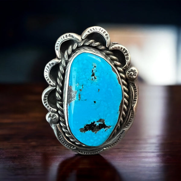 Gorgeous large blue turquoise cabochon ring on sterling - Size 7