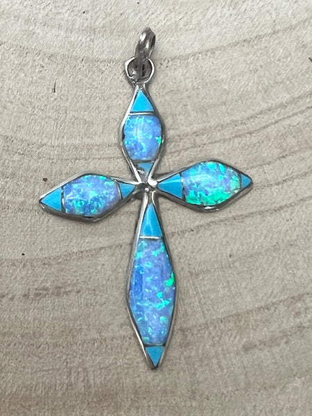 James Kee Turquoise and Opalite Inlay Cross Pendant