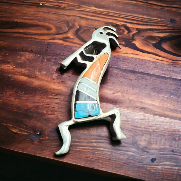 Kokopelli inlay brooch - signed by artist