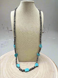 Western Long Faux Turquoise Nugget & Sterling Pearl Statement Necklace — 48 Inch