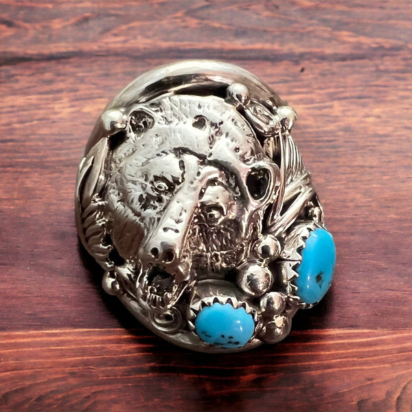 Native American Sterling Silver Navajo Turquoise Bear Ring - Size 10