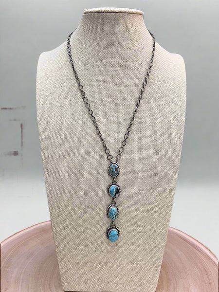 Navajo Handmade Kingman Turquoise Lariat Necklace by Lorenzo Juan - 20 inch