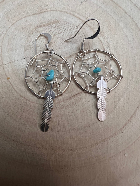 Navajo Handmade Sterling & Kingman Turquoise Dreamcatcher Earring
