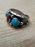 Reed Charley Navajo Handmade Kingman Turquoise and Coral Ring