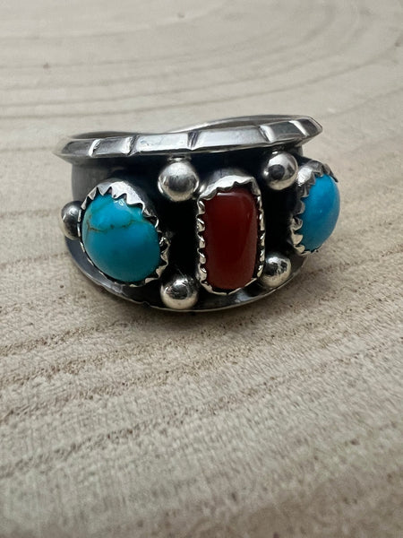 Reed Charley Navajo Handmade Kingman Turquoise and Coral Ring