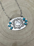 Western Spade Pendant Necklace with Faux Turquoise — 18 Inch Silver-Tone Statement