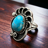 Turquoise ring - beautiful large cabochon on shadow box style base - Size 6