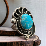 Turquoise ring - beautiful large cabochon on shadow box style base - Size 6