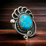 Turquoise ring - beautiful large cabochon on shadow box style base - Size 6