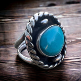 Turquoise ring - beautiful large cabochon on sterling oval shadow box style base - Size 7.5