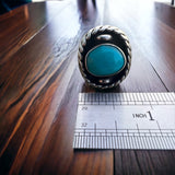 Turquoise ring - beautiful large cabochon on sterling oval shadow box style base - Size 7.5