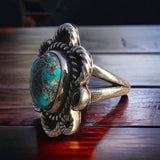 Turquoise ring - gorgeous cabochon on flower shaped sterling base - size 5