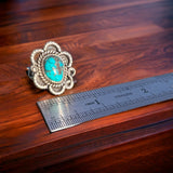 Turquoise ring - gorgeous cabochon on flower shaped sterling base - size 5