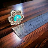 Turquoise ring - gorgeous cabochon on flower shaped sterling base - size 5