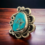 Turquoise ring - gorgeous cabochon on hand stamped sterling - Hallmark RJ - size 7