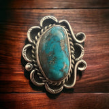 Turquoise ring - gorgeous large cabochon on sterling flower shaped base - size 7