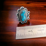 Turquoise ring - gorgeous large cabochon on sterling flower shaped base - size 7