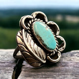 Turquoise ring - Turquoise on sterling silver with leaf - Size 4.5