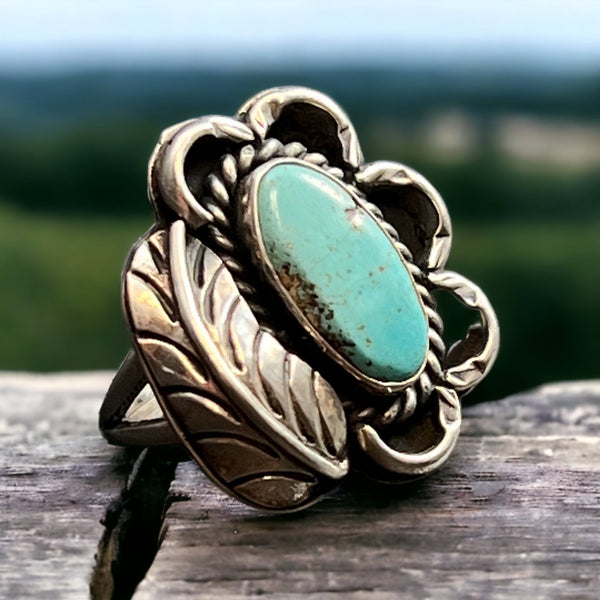Turquoise ring - Turquoise on sterling silver with leaf - Size 4.5