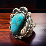 Turquoise Ring with Sterling Leaf- Size 7.5